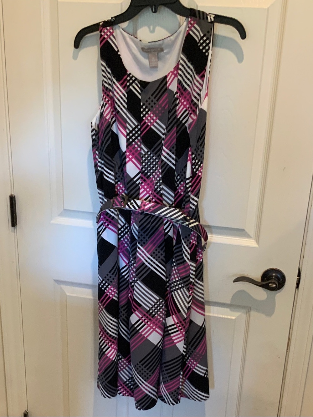 Banana Republic Black, Gray & Pink Plaid Sleeveless Midi Dress